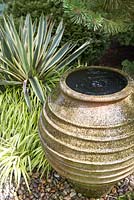 Pièce d'eau avec Yucca gloriosa 'Variegata', Pinus mugo 'Winter Gold' et Hakonechloa macra 'Aureola' - Jardin 'Dragons'