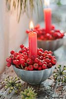 Baies de cotoneaster en petits moules à gelée avec bougies, pour les décorations de table de Noël
