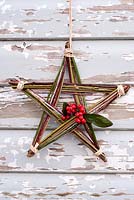 Étoile de Noël faite maison à partir de tiges d'hiver colorées et de baies de Cotoneaster