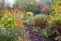Parterre d'automne à Foggy Bottom, les jardins de Bressingham, Norfolk, Royaume-Uni. Octobre.
