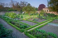 Le jardin clos avec des haies basses et taillées et la plantation de Malus, Brunnera, Geranium, Helleborus, Tulipa 'Purissima' et Tulipa 'White Triumphator' - Wretham Lodge, Norfolk
