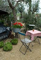 Table et chaises dans le jardin d'un café français rural, avec des oliviers, des géraniums rouges dans un bain galvanisé et une vieille voiture Citroën - Garden Show 'Reposer Vos Roues / Rest your Wheels', Gold Award, Malvern Spring Show 2013