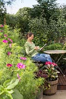 Femme, lecture, journal, boire, thé, petit, banlieue, jardin