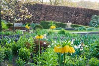 Le parterre de fleurs dans le jardin du canal regorge d'impériaux de la couronne, Fritillaria imperialis, narcisses et pulmonarias, avec une caractéristique de l'eau entrevue au-delà, le point focal du jardin de Sybil, conçu par Alistair Baldwin en 2005