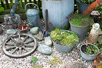 Arrangement de vieux pots en acier galvanisé et baril avec Thymus poussant à travers le gravier et dans des pots.