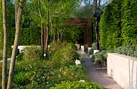 Jardin Laurent Perrier - Gleditsia, verrière surélevée avec plantation ombragée en dessous, y compris enkianthus le long d'un chemin de brique et de gravier droit