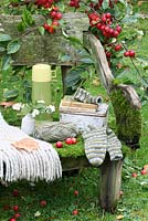 Un banc rustique recouvert de mousse avec un thermos, une boîte à lunch, un jeté en laine, un tricot de chaussettes, un vase de fraises et des livres d'observateurs