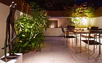 Jardin minimaliste éclairé la nuit avec table et chaises - la plantation comprend Beschorneria Yuccoides 'Quicksilver'