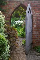 Porte en bois de style gothique avec Pittosporum Tenuifolium 'Irene Paterson'
