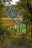 Vue à travers les bois sur les vignes et un puits en pierre devant un arbre peint en bleu par Marc Nucera. Provence, France, Domaine de la Verriere