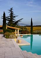 La piscine avec vignobles et vue sur le Mont Ventoux. Provence, France, Domaine de la Verriere