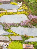Chemin pavé avec Thymus praecox 'Coccineus', Sedum acre, Dianthus, Sagina