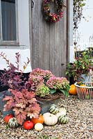 Décoration d'automne rustique à l'extérieur du chalet porte inc courges, hortensias