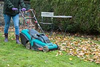 Femme à l'aide d'une tondeuse à gazon pour nettoyer le jardin des feuilles d'automne tombées
