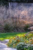 Parterre d'automne avec de l'herbe ornementale Deschampsia caespitosa