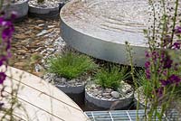 Scirpus cernuus planté dans des cylindres en béton, à côté d'un plan d'eau de source. Jardin d'exposition: RBC Blue Water Roof Garden.