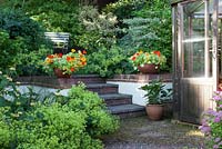 Vue sur le jardin avec Spirea 'Candlelight' Nasturtium 'Firebird' en pot en terre cuite, siège de jardin et serre hexagonale