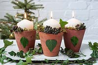 Bougies dans des pots en terre cuite décorés avec des feuilles d'hélice hedera et des baies - lierre et mousse