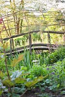 Pont voûté de style tissé naturaliste sur l'étang au début de l'été