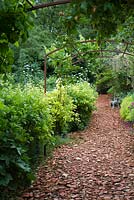 Chemin de jardin avec surface de pots en terre cuite cassés. Promenade sous pergola aux Jardins des Paradis à Cordes sur Ciel, France