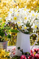 Les arrangements floraux comprennent Narcissus, Forsythia, Chaenomeles japonica et Pulmonaria officinalis.