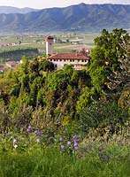 Vue sur le jardin et la maison avec des montagnes derrière