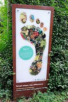 Affiche ou panneau d'information sur la culture alimentaire encourageant les gens à cultiver des aliments et à réduire leur empreinte sur la terre, Camley Street Natural Park, London Borough of Camden