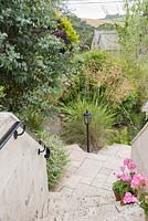 Vue empruntée de la tour de l'église de St Rumonus, vue du haut des marches raides qui donnent accès au jardin, de travertin blanc avec des pélargoniums roses placés pour une ambiance méditerranéenne. L'eucalyptus et l'herbe d'avoine dorée, Stipa gigantea, révèlent le plaisir du propriétaire de plantes à feuillage aux formes audacieuses. Parc-Lamp, Ruan Lanihorne, Truro, Cornwall, UK