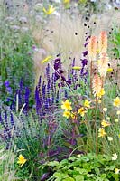 Salvia nemerosa, Kniphofia, Penstemon et Fragaria vesca - Le Jordans Wildlife Garden, RHS Hampton Court Palace Flower Show 2014 - Conception: Selina Botham - Parrain: Jordans Cereals