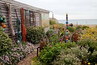 Jardin côtier avec cabanon rustique, filets, bouées, sculpture peinte, bois flotté, erigeron et santolina
