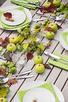Décorations de table avec houblon, pommes et feuillage de rufinerve