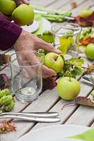 Table décorative créative pour femme à l'aide de houblon, de pommes et de feuillage d'Acer rufinerve