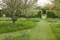 Chemin formel à travers un jardin de printemps sauvage avec des narcisses 'géranium', des renoncules et des fleurs
