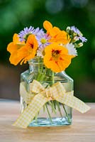 Un bouquet d'été de fleurs de jardin de tous les jours - Capucine, Aster et Anthemis dans un bocal en verre décoré de ruban vichy jaune.