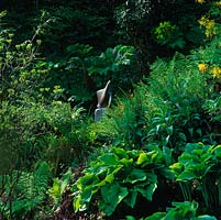 'Exaltation ', un oiseau ascendant de Bridget McCrum, se trouve au cœur d'une forêt, à ses pieds un ruisseau, de la mousse, des fougères, des gunnera, des hostas et des bambous.