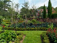 Un potier ornemental nouvellement planté avec des bordures végétales contenant du chou frisé 'Cavolo de Nero', boulonné 'Lollo Rosso', de la courgette 'Defender' avec des fleurs de Dahlia et de Salvia.