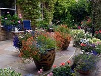 Un jardin arrière avec grand patio orné de pots annuels. Les plantes comprennent Lobelia, Diascia et Pelargoniums.