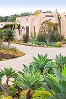 Vue de la maison contemporaine et conduire avec des parterres de fleurs mixtes et des parterres de fleurs contenant des succulentes et des cactus. Jardin de Suzy Schaefer, Rancho Santa Fe, Californie, USA