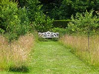 Jardin contemporain. Le chemin d'herbe menant au banc en bois est fauché à travers une prairie naturelle d'herbes et de fleurs sauvages, plantée d'arbres fruitiers.