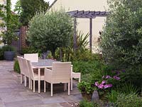 Table à manger et chaises sur terrasse ensoleillée. Parterres d'oliviers, sauge, Geranium Ann Folkard, Sisyrinchium striatum, graminées ornementales.