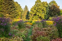 Jardin d'essai du Weihenstephan. Les parterres de pivoine à la fin de l'été avec Helenium, Paeonia, Rudbeckia, Solidago, Tilia et Vernonia crinita