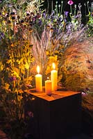 Bougies et éclairage de jardin illuminant un parterre de nuit, mettant en lumière Stipa tenuissima, coquelicots annuels et love-in-the-mist.