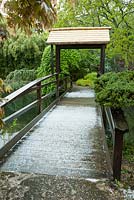 Un pont recouvert de grêles non saisonnières traverse l'étang principal, encadré par des acers, des genévriers, des saules pleureurs et des cèdres bleus. Le jardin japonais et la pépinière de bonsaï, St.Mawgan, nr Newquay, Cornwall