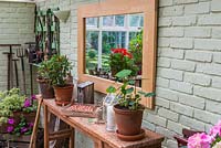 Une véranda avec une sélection d'outils de jardinage vintage, une plante de piment, de la jeune capucine et de l'attirail de jardinage.