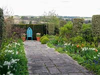 Un siège ornemental attire l'œil sur un chemin bordé de Tulipa 'Ballerina', Narcissus 'Thalia' et Muscari armeniacum, dans la campagne du Sussex au-delà.