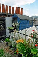 Jardin sur le toit avec cabanon et pots de cheminée, centre de Londres