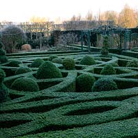 Un jardin à nœuds formel composé d'une boîte en forme de haie, de spirales et de boules