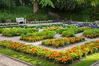 L'ancien jardin de buis à Weihenstephan avec plantation annuelle en couleurs - Alyssum, Begonia semperflorens et Tagetes