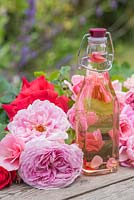 Eau de rose dans un vase en verre entouré de roses coupées