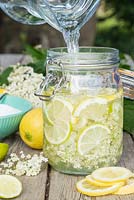 Faire une boisson aux fleurs de sureau. Ajouter de l'eau au mélange de fleurs de citron, de lime, de sucre et de sureau en tranches